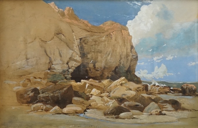 James Webb (1825-1895), heightened watercolour, Rocky coastal scene with cliffs and cave entrance, signed, 29 x 44cm, gilt framed. Condition - good